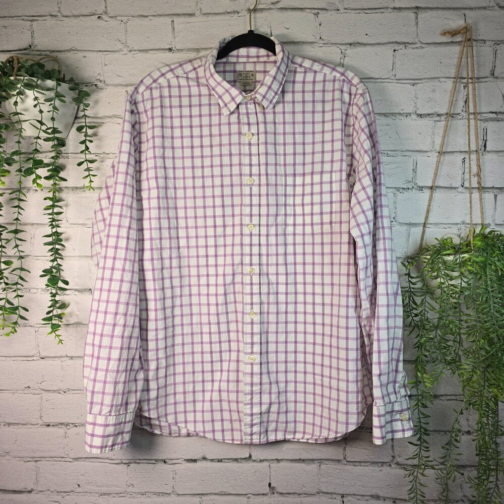J. CREW MENS LONG SLEEVE BUTTON DOWN WHITE WITH PURPLE WINDOWPANE PRINT SIZE XL